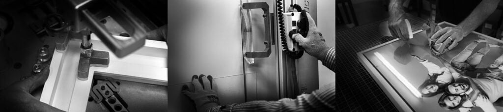 Seattle Tray Frame 4 Family Photographer A sequence of black and white images showcasing hands engaged in various tasks: working with machinery, locking a door, playing piano, browsing through photographs, and two people working with documents.