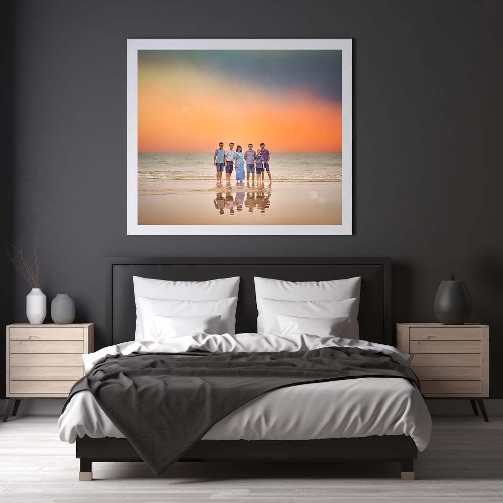 Prints & Products 1 Family Photographer A photo of a family on the beach framed in a bedroom.