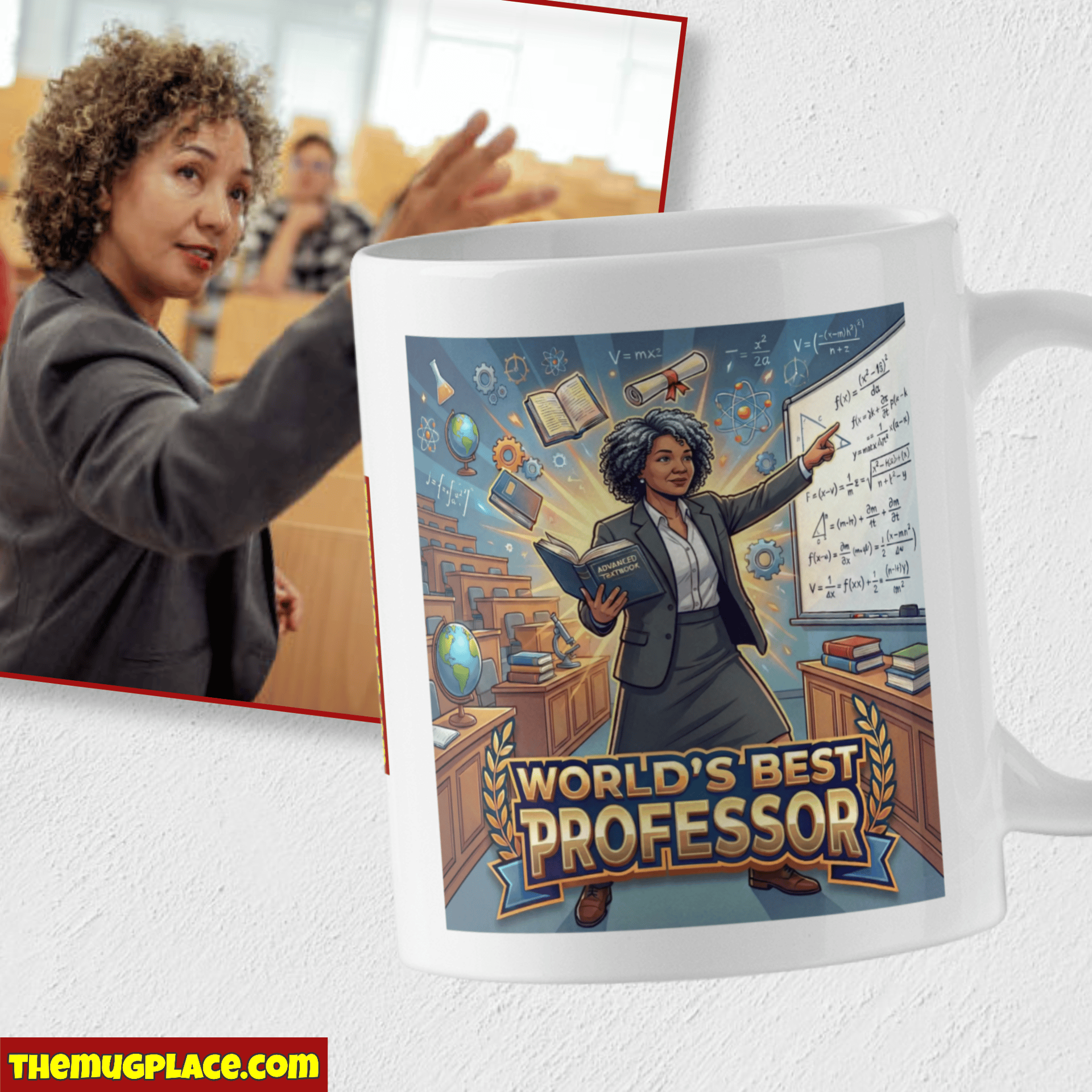 A personalised teacher mug labelled World’s Best Professor, featuring a woman teaching, beside a classroom photo—perfect primary teacher gift.