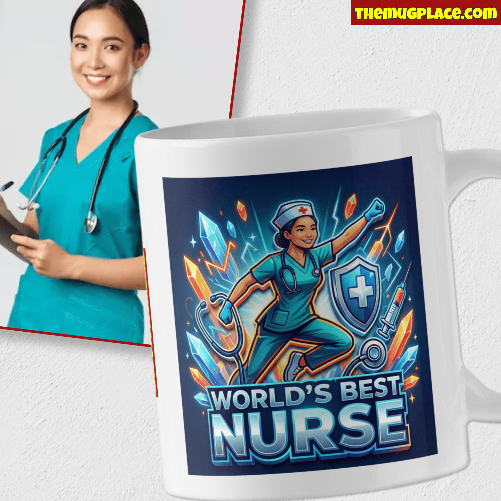 A Personalised Nurse Mug reads "World's Best Nurse"; beside it, a woman in scrubs smiles, holding a clipboard.