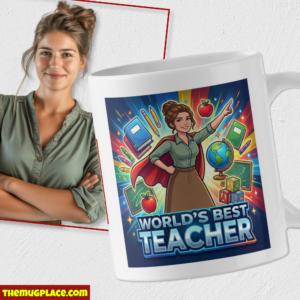 A woman stands smiling next to a teacher appreciation mug that reads World's Best Teacher with colourful school-themed illustrations.