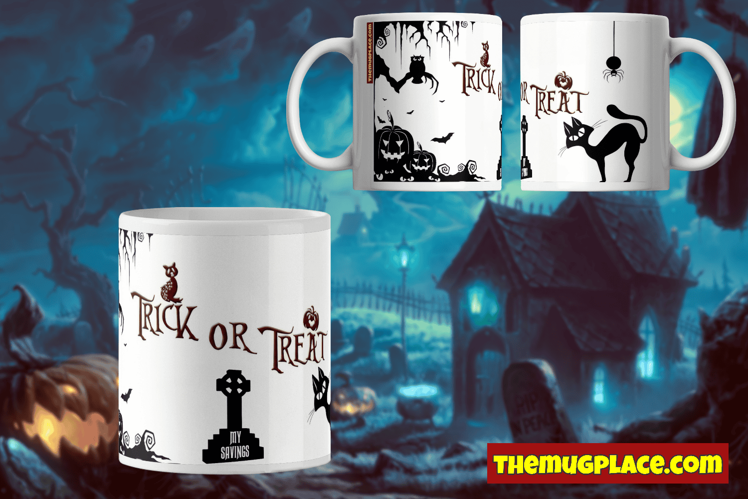 White Halloween mug with black cat, pumpkins, bats, and Trick or Treat text; spooky graveyard background design.