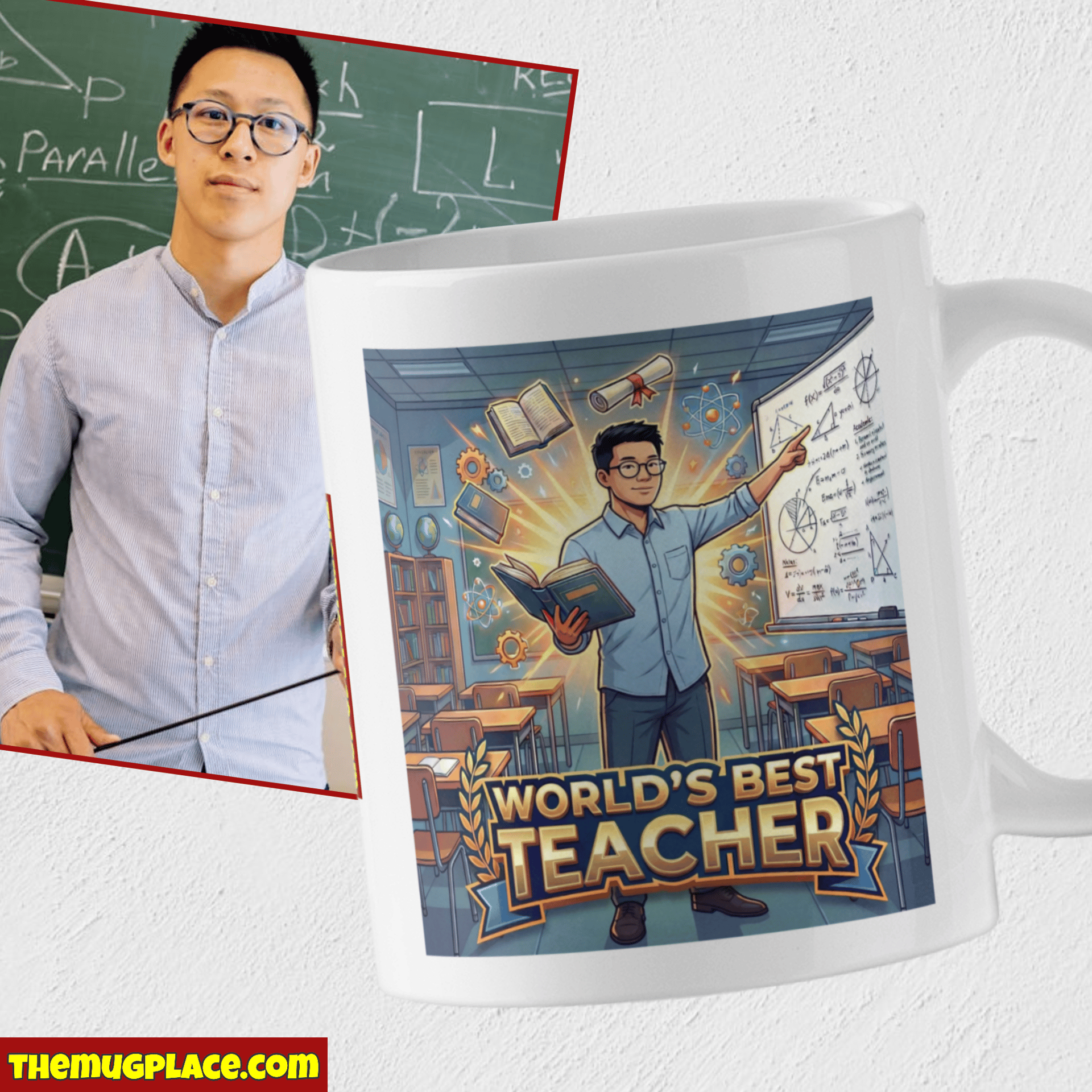 A Teacher Gift mug with World’s Best Teacher and a cartoon teacher holding a book, beside a man at a blackboard.