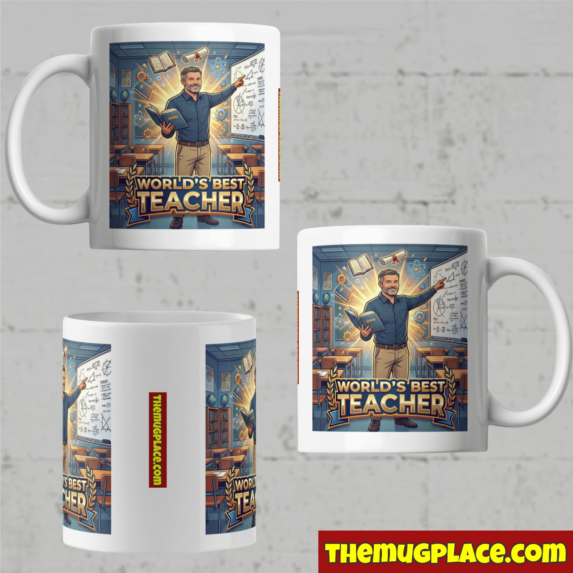 The World's Best Secondary Teacher Mug—white with cartoon teacher, ideal teacher present. themugplace.com branding.