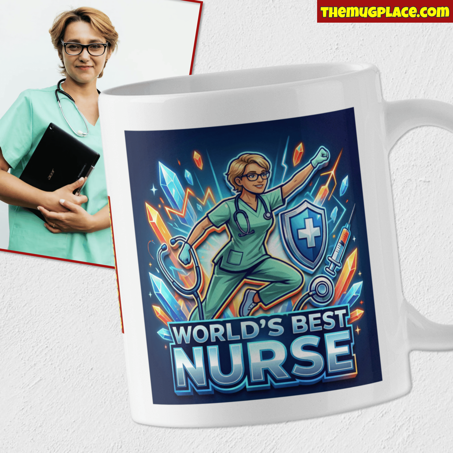 A World's Best Nurse mug with a cartoon nurse—perfect as a nurse appreciation gift; woman in uniform pictured behind.