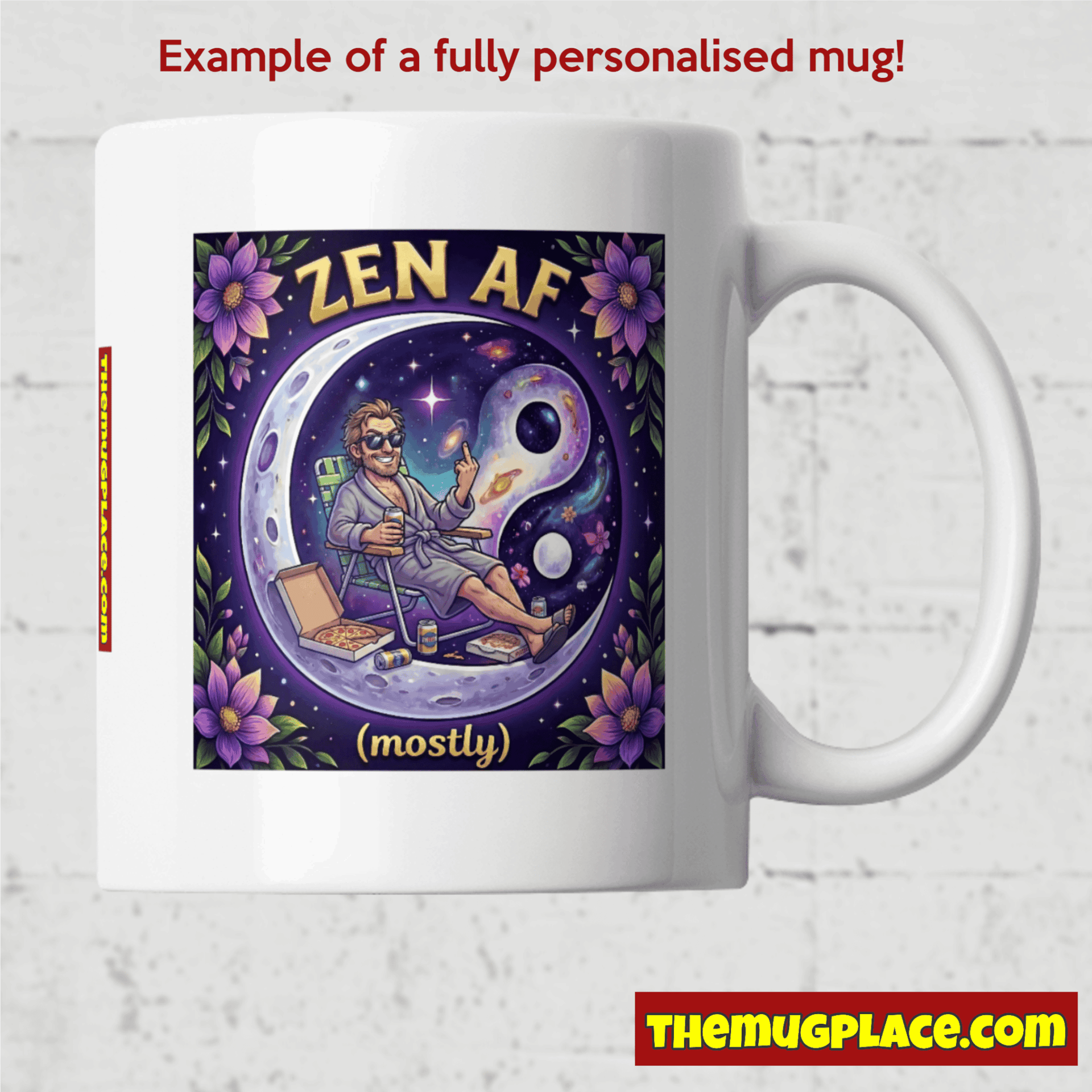 White mug from our Funny Mug Collection featuring a relaxed cartoon and Zen AF text inside a yin-yang—only at themugplace.co.uk White mug from our Funny Mug Collection featuring a relaxed cartoon and Zen AF text inside a yin-yang—only at themugplace.co.uk