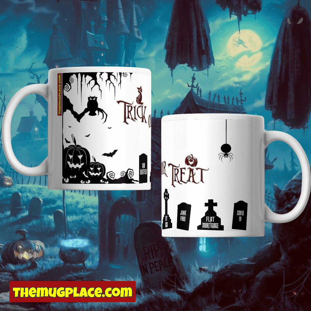 Two white Hallowe’en mugs with pumpkins, bats, spiders, and funny gravestone labels sit on a spooky background.