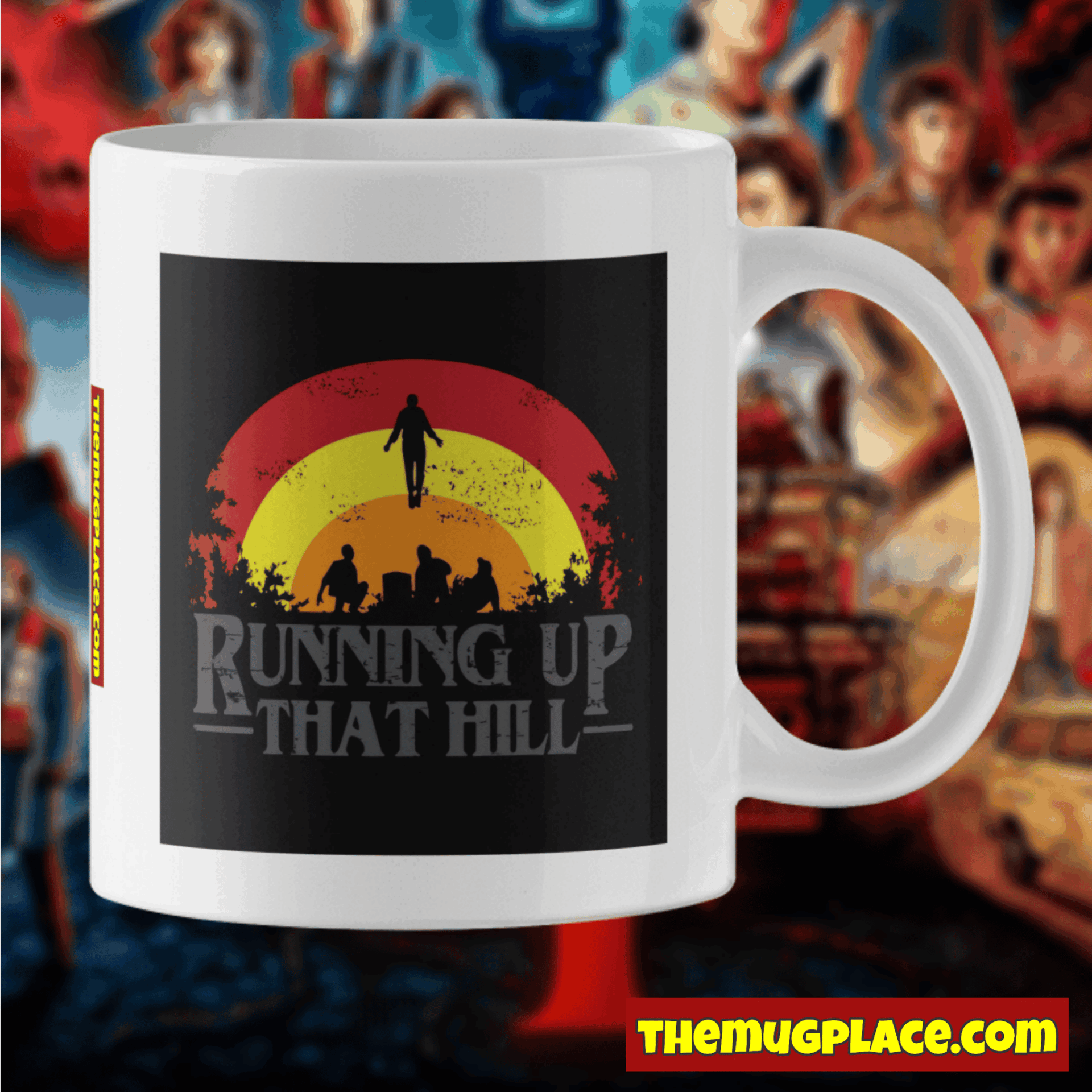 White Stranger Things Mug with a retro sunset, four silhouettes, and Running Up That Hill – perfect for any Dear Billy fan. White Stranger Things Mug with a retro sunset, four silhouettes, and Running Up That Hill – perfect for any Dear Billy fan.