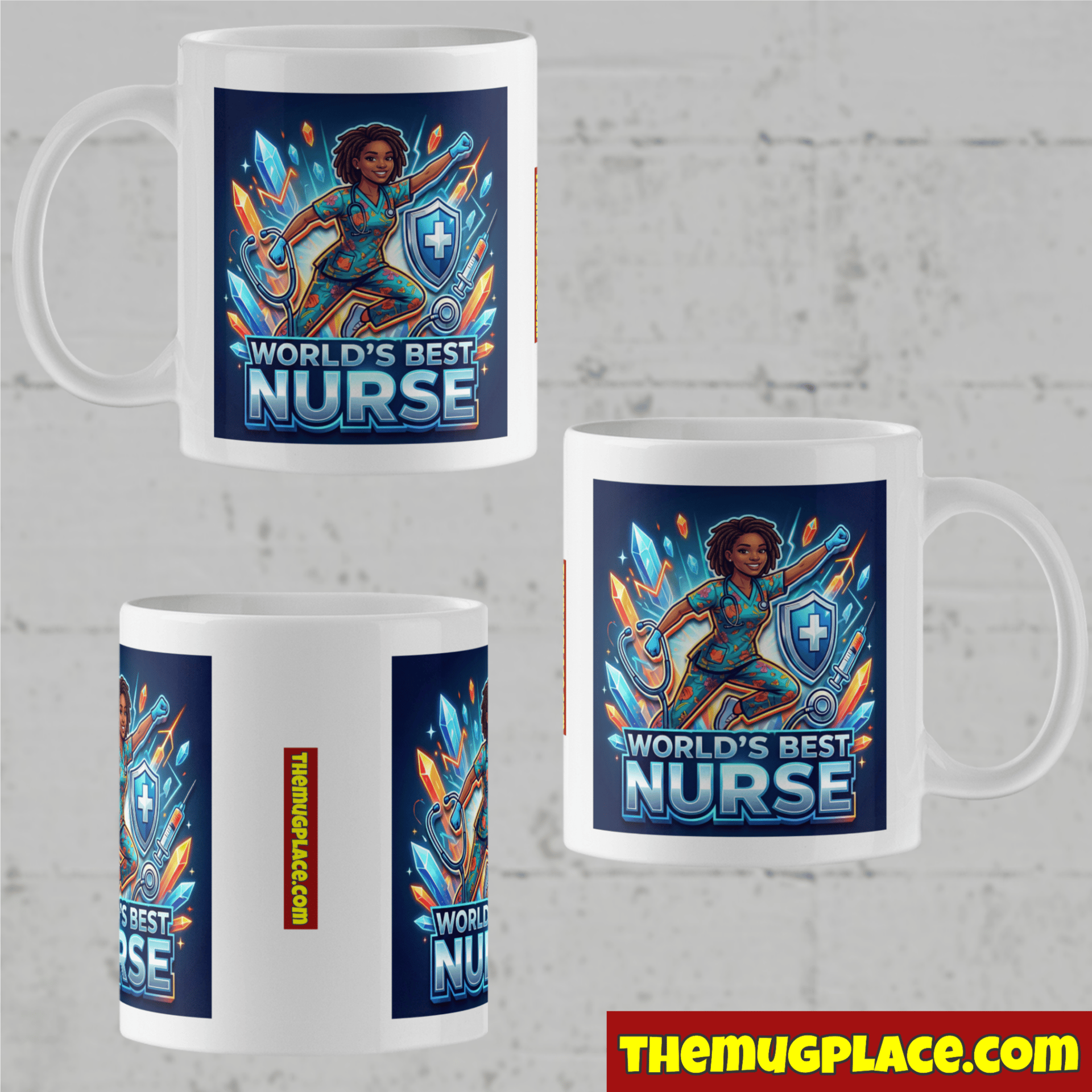 A white mug features a colourful male nurse illustration with "World's Best Nurse" text. Logo reads THEMUGPLACE.COM.