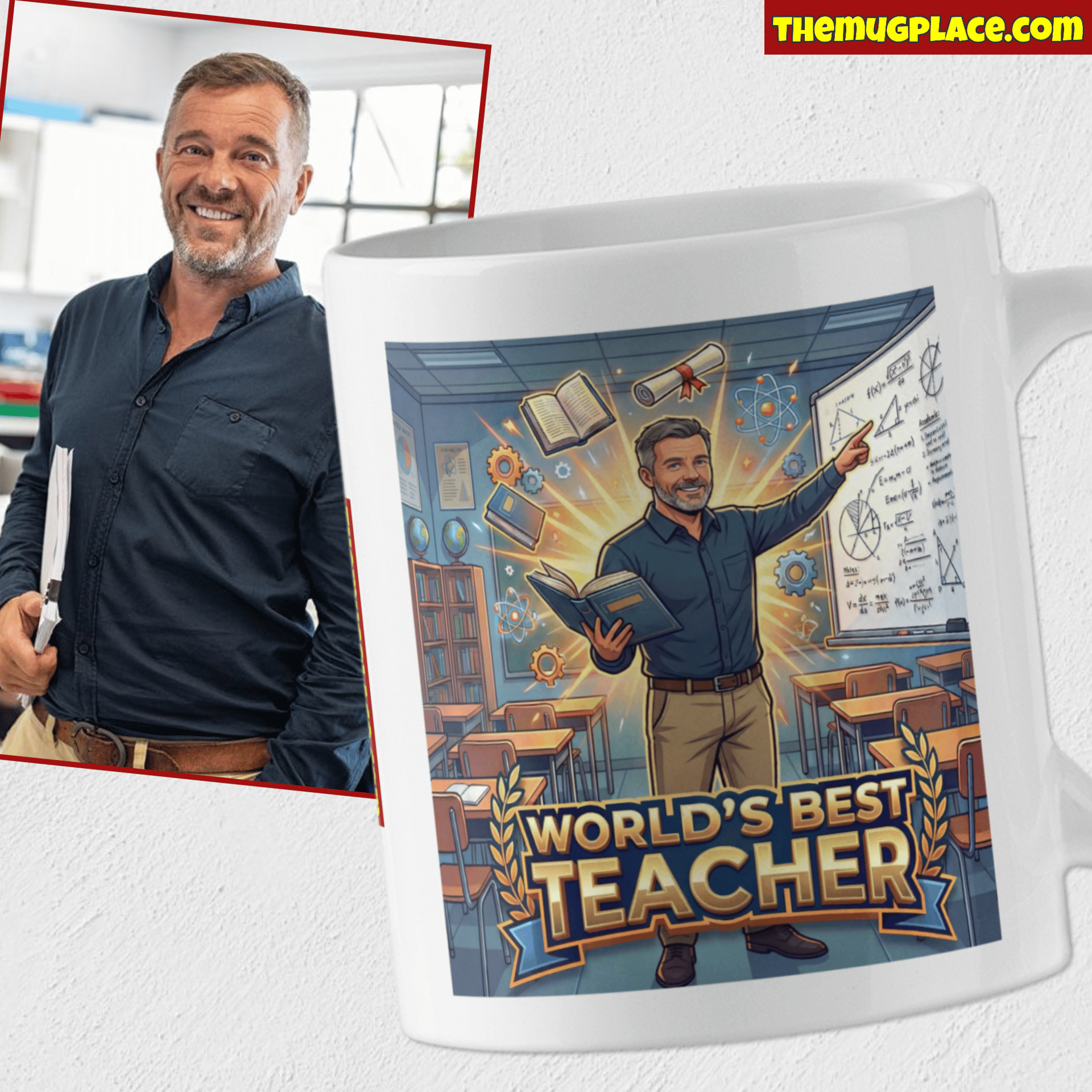 A personalised teacher mug features an illustrated classroom scene with "World's Best Teacher" and a photo of a smiling man.
