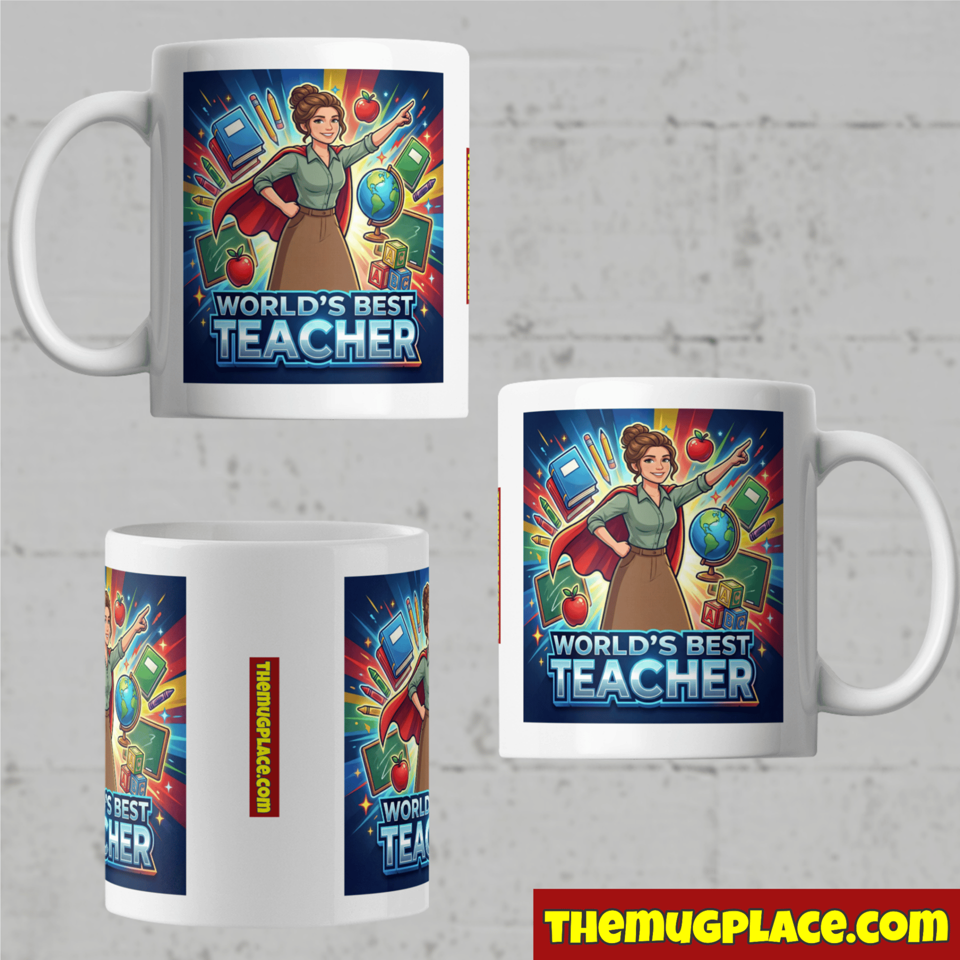 The World's Best Teacher: Personalised Mug with fun cartoon school supplies—perfect for a primary teacher gift.