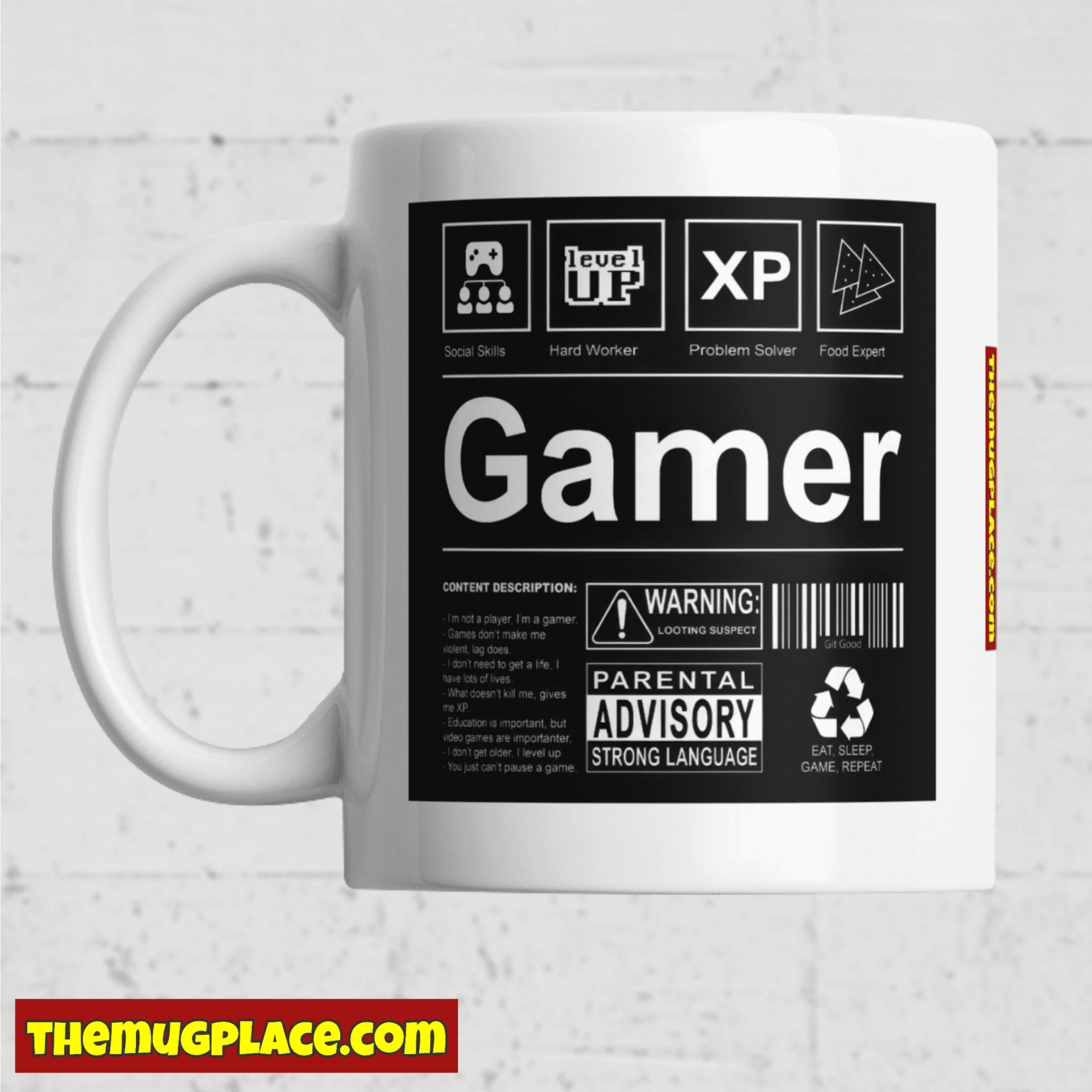 Retro Gamer Mug with a black label-style design featuring Gamer, Parental Advisory, and Level Up.