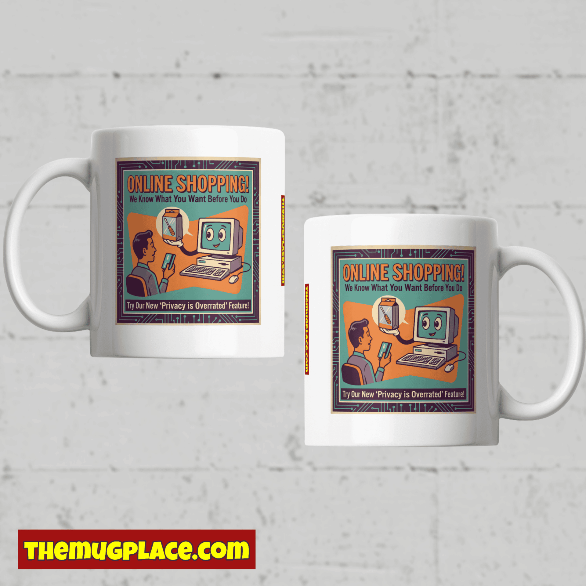 Two white mugs from our Fun Mugs collection feature a retro cartoon about online shopping with a smiling computer screen. Two white mugs from our Fun Mugs collection feature a retro cartoon about online shopping with a smiling computer screen.