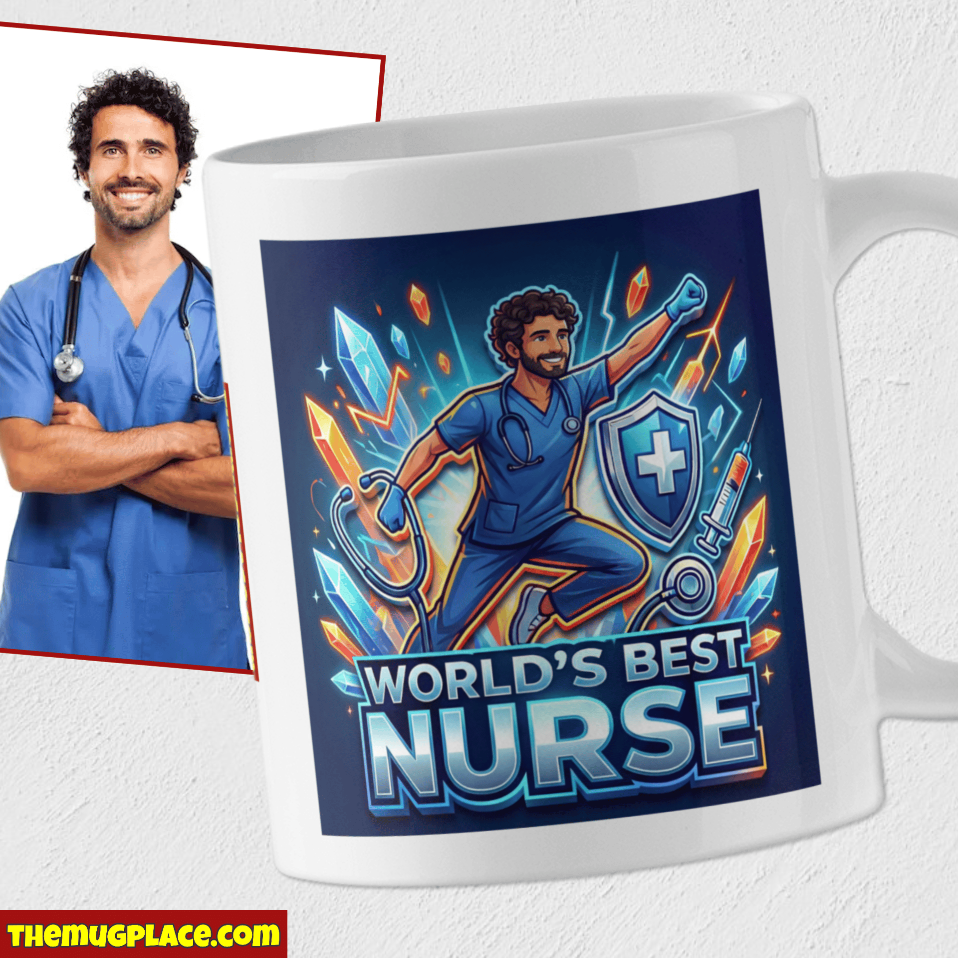 A Personalised Nurse Mug with a cartoon nurse, medical icons, and your photo—perfect for showing nurse appreciation.