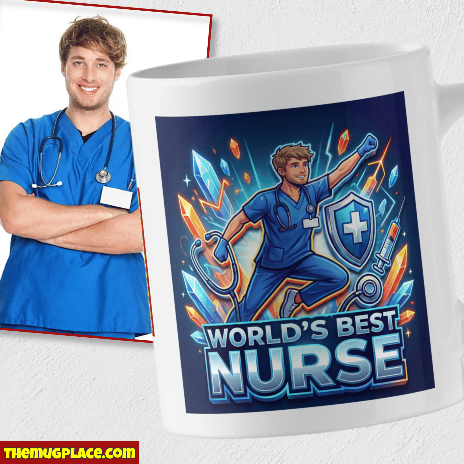 A World's Best Nurse mug with a cartoon nurse, perfect as a personalised nurse gift for someone special in blue scrubs.