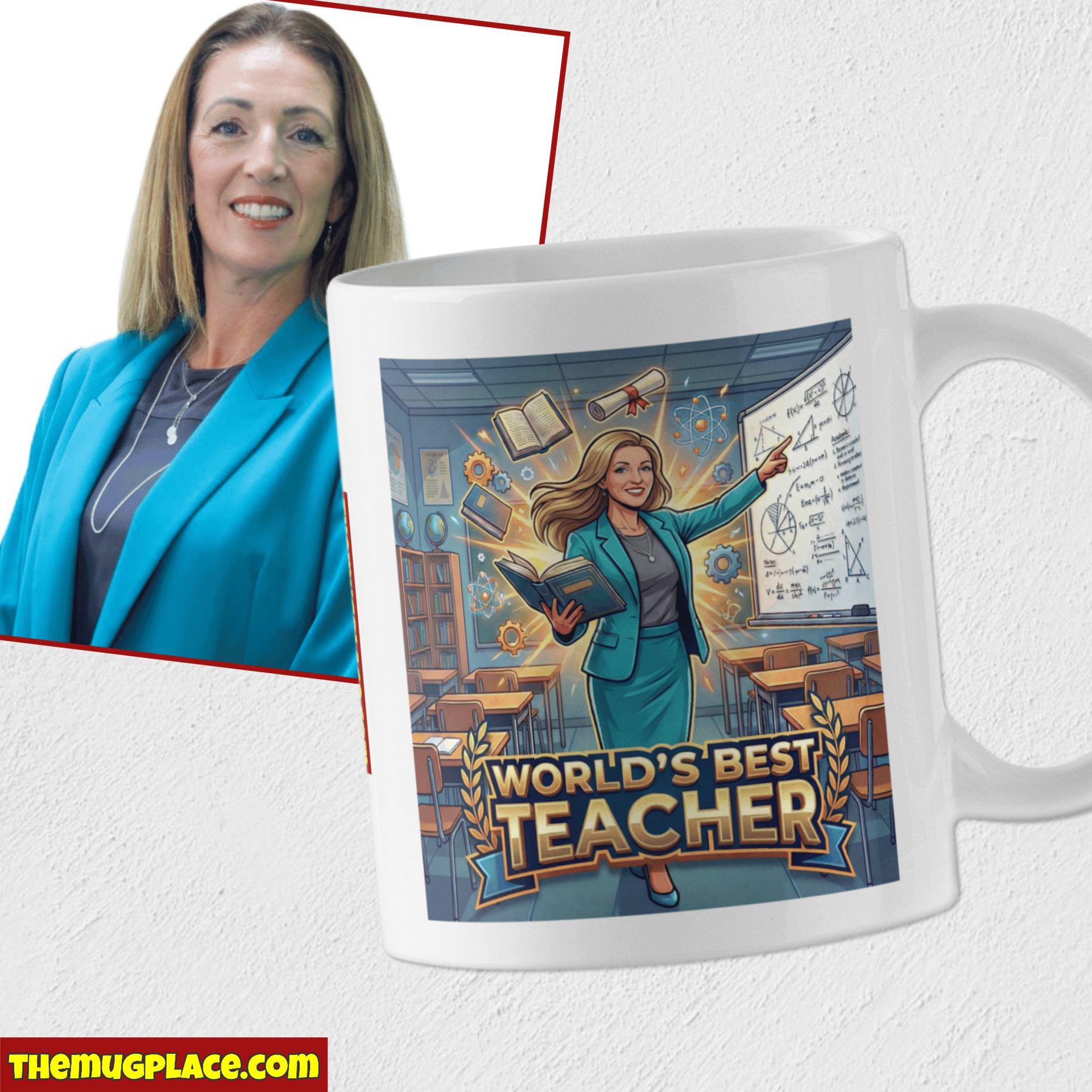 A teacher appreciation mug featuring a cartoon woman in a classroom and a photo—perfect as a primary school teacher gift.
