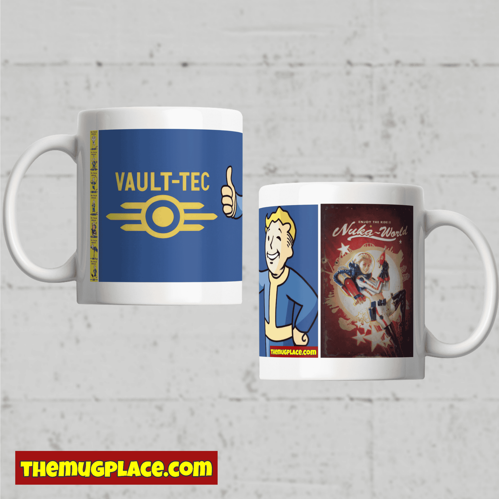 Two white Fallout mugs feature Vault-Tec and Nuka-World designs—perfect for any Fallout fan, with a yellow themugplace.com logo.