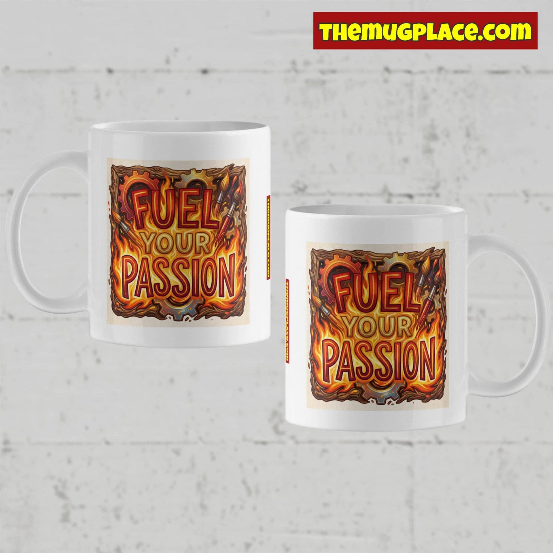 Two white Passion Mugs with a fiery Fuel Your Passion Mug design. TheMugPlace.com logo sits top right on a yellow background.