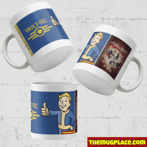 Three white mugs feature Vault-Tec and Fallout designs, each with a cartoon mascot—perfect for any Fallout mug or fan mug collector.