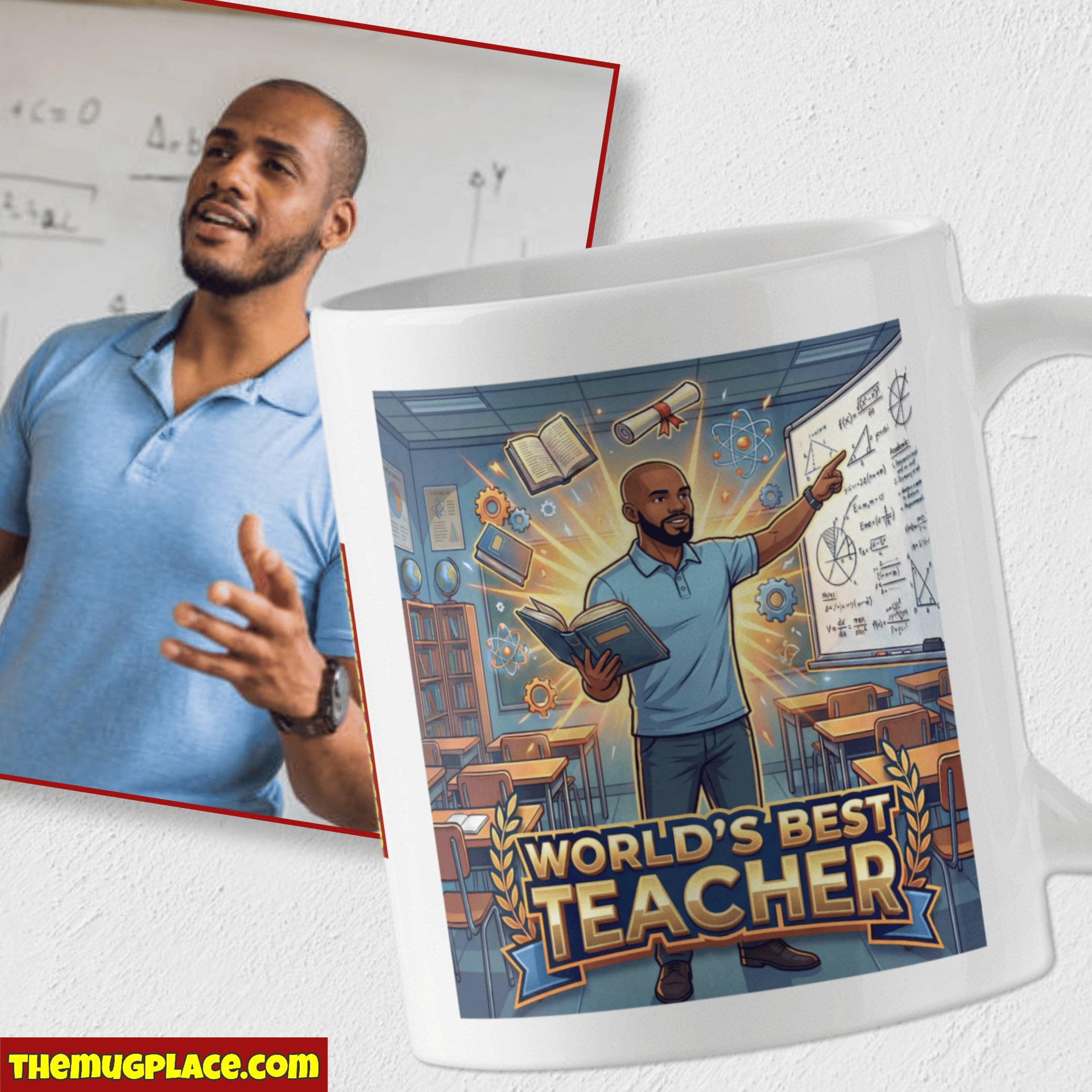 A man teaches by a whiteboard; his mug—a Personalised Teacher Mug—displays him as a cartoon with “World’s Best Teacher” text.