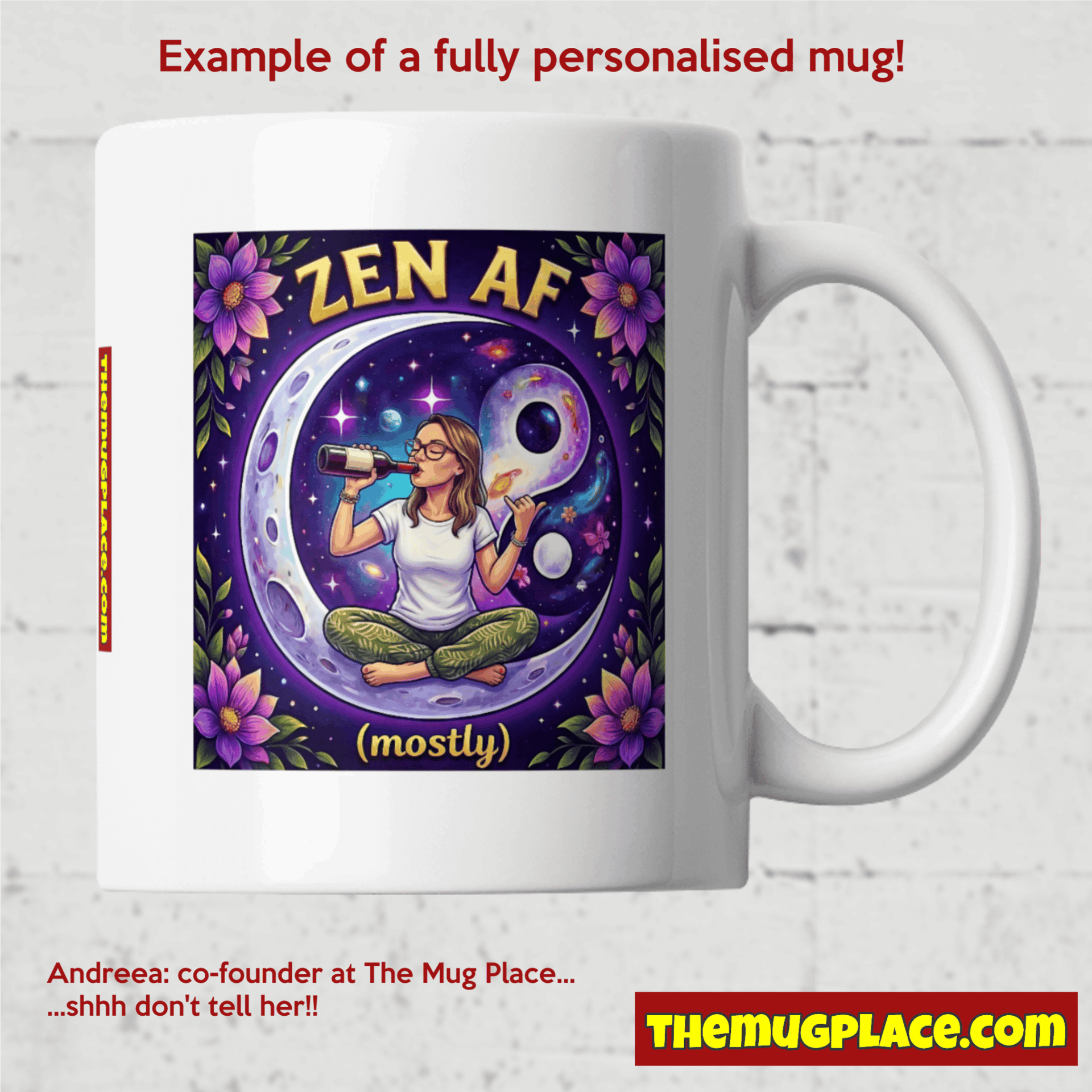 A Zen mug featuring a colourful meditating woman, ZEN AF text, and purple flowers—perfect for your mug collection.