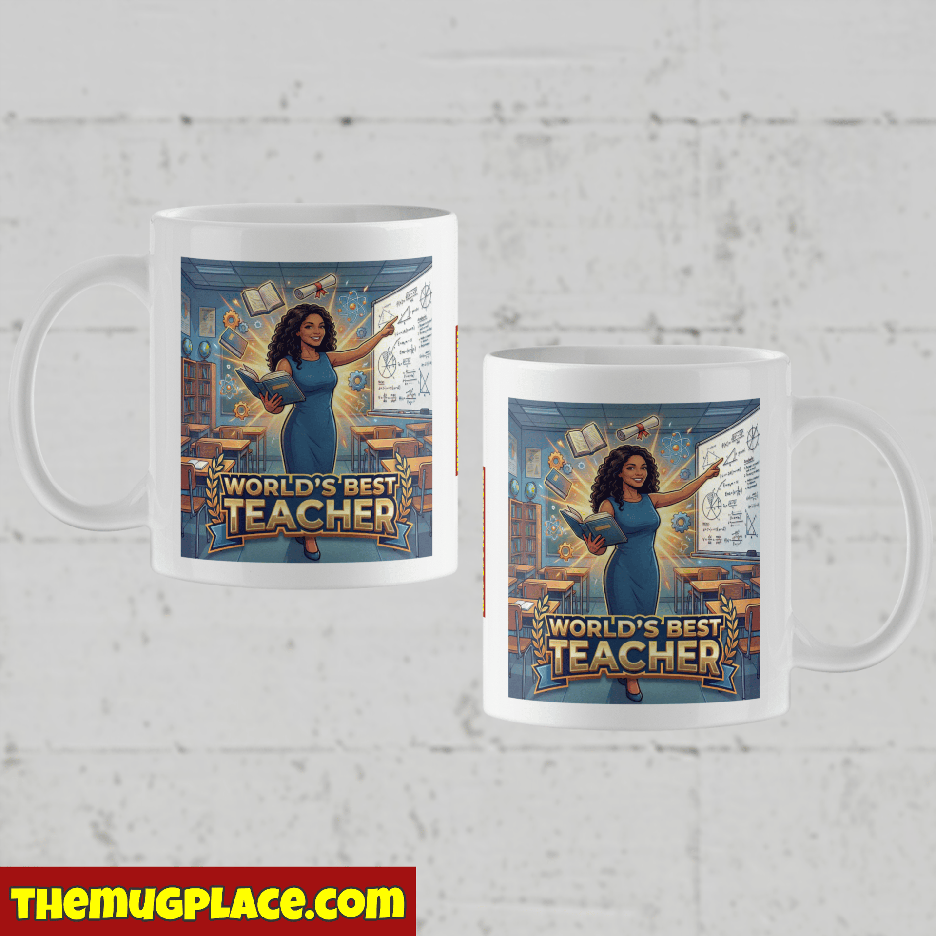 Two white mugs with a cartoon woman teaching and "World's Best Teacher"—the perfect Best Teacher Mug or Teacher Gift.