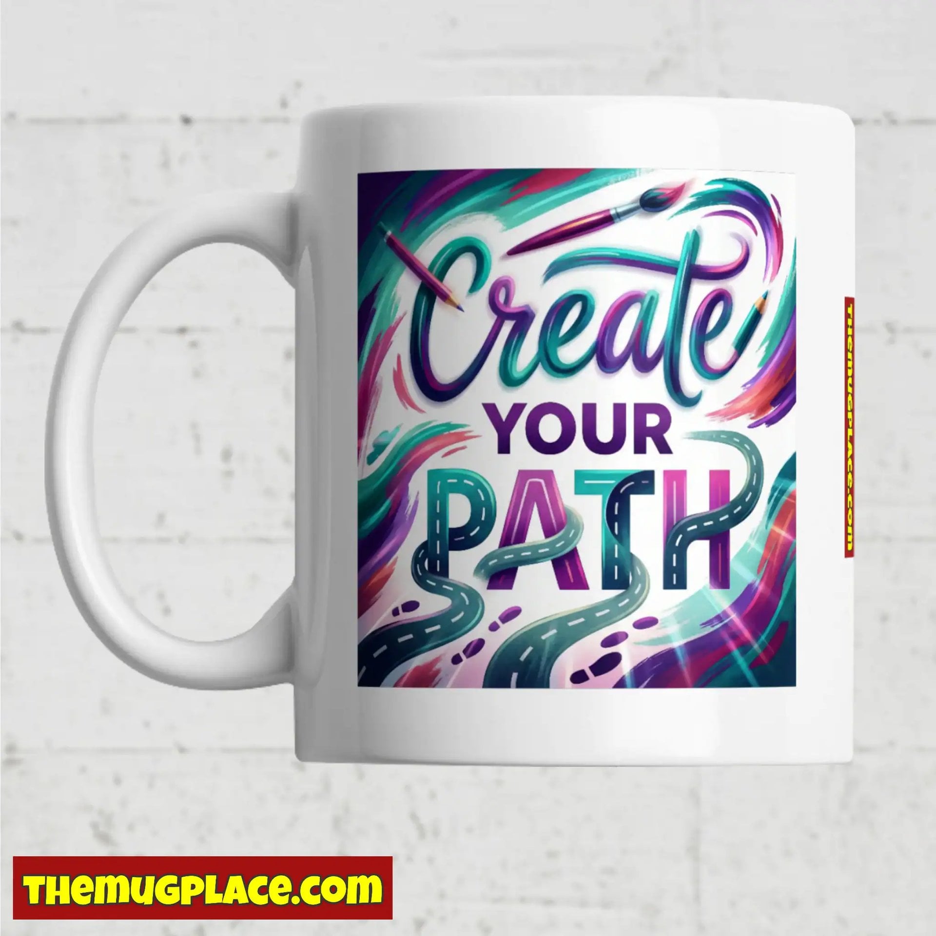 White motivational mug with colourful “Create Your Path” text and abstract road—perfect for your mug collection.