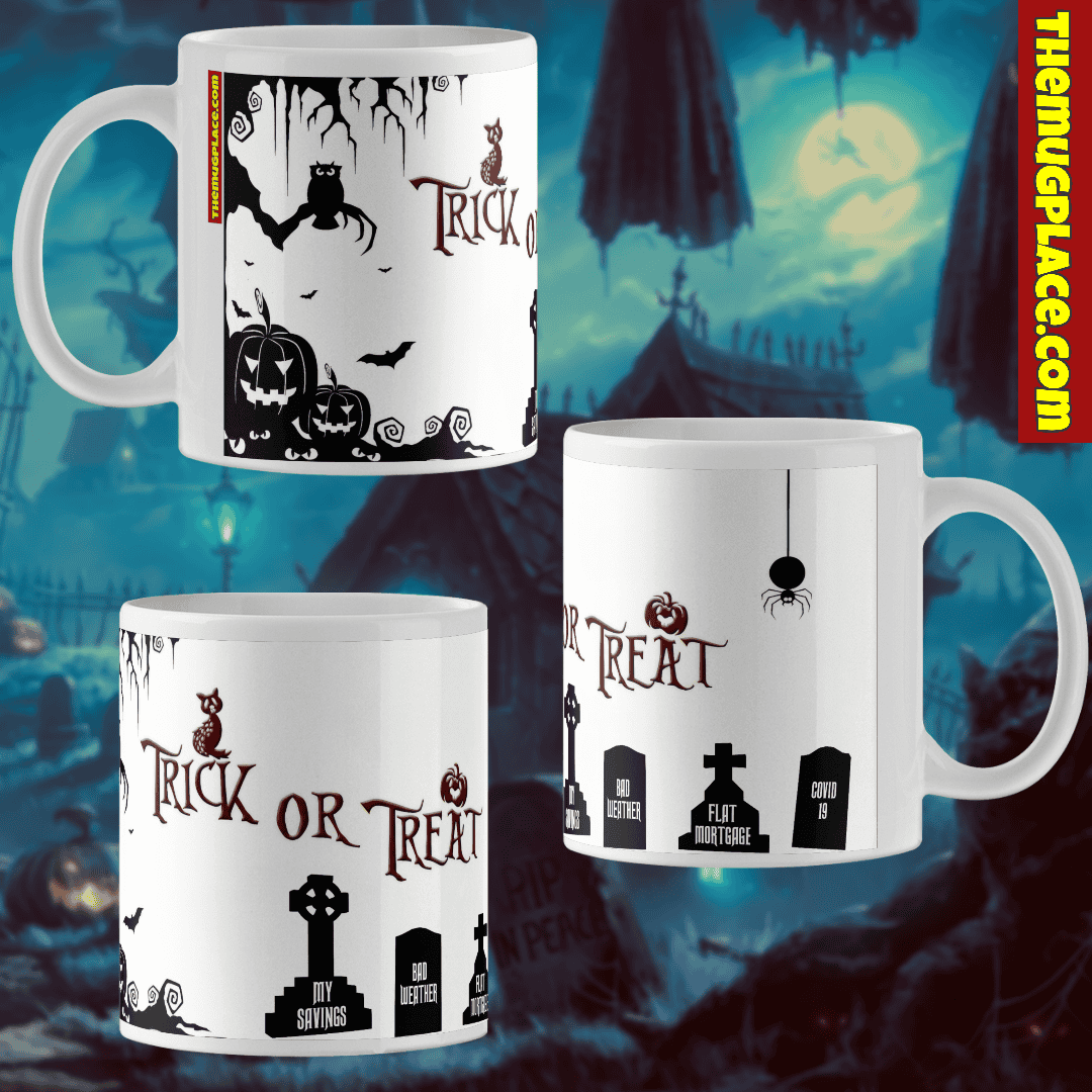 Spooky Trick or Treat Mug with bats, pumpkins, and graveyard designs—perfect for Hallowe’en fun and haunting your morning coffee.