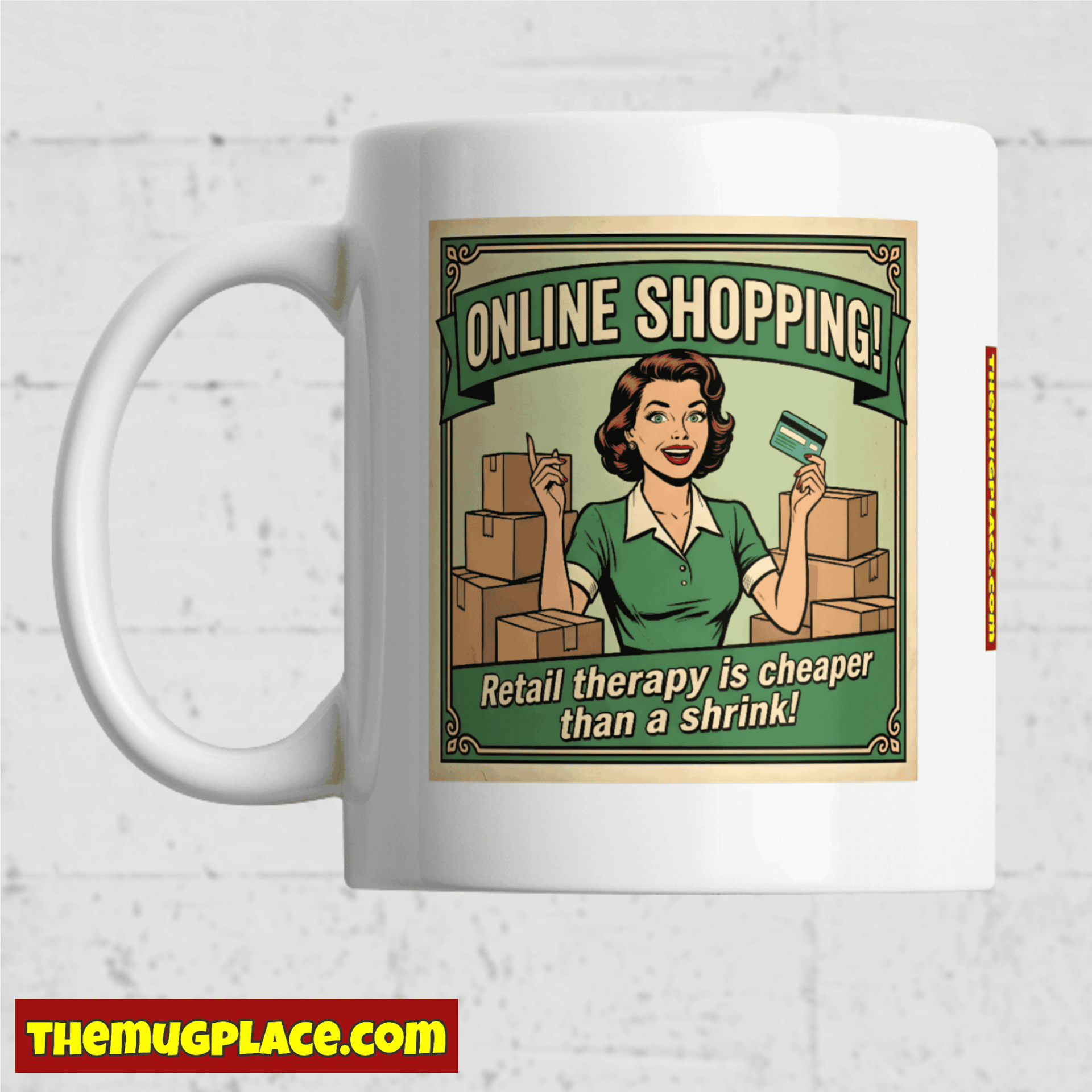 White mug from our Fun Mugs collection features a retro woman with a credit card and boxes, perfect for online shopping lovers.