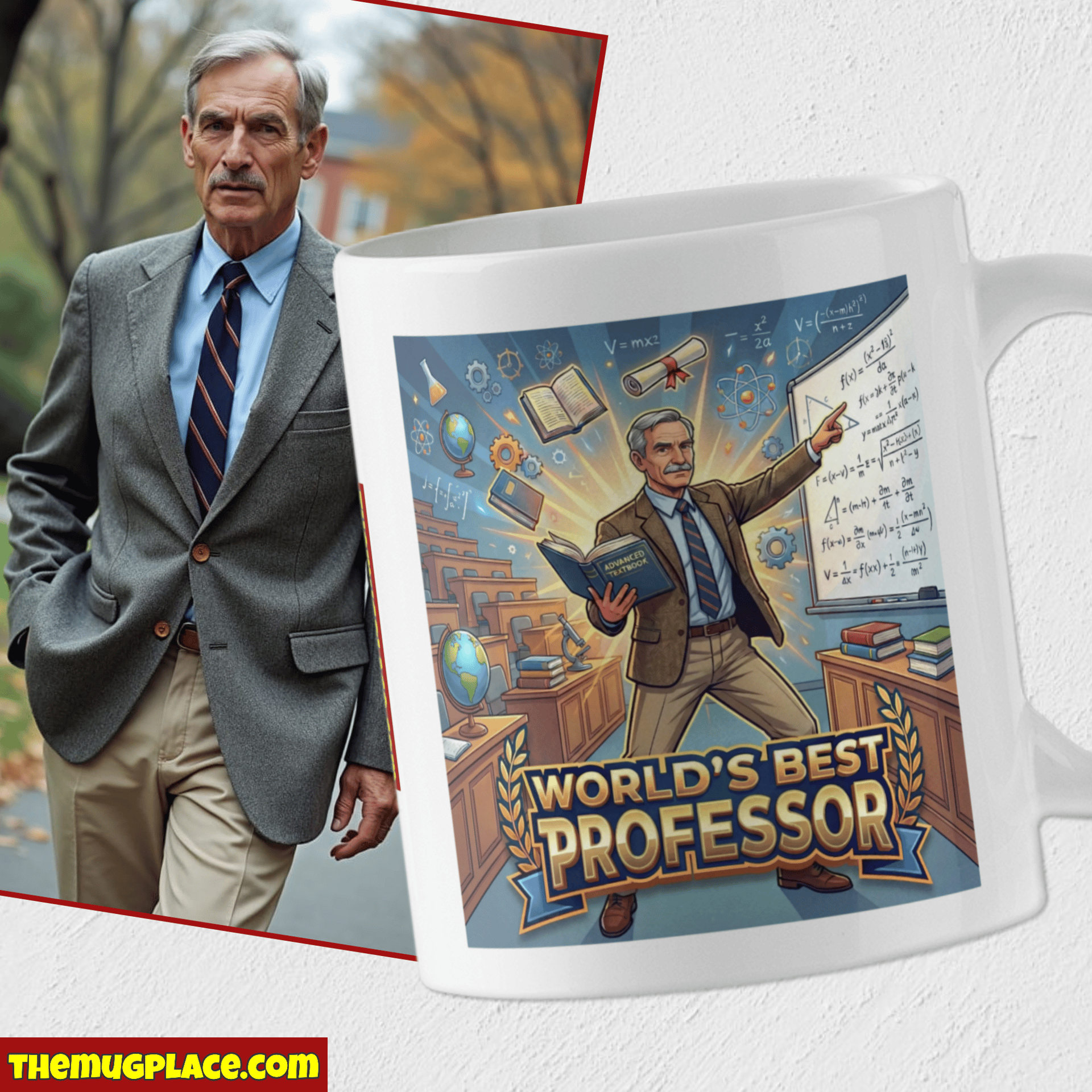 A man in a suit walks outdoors next to a Teacher Appreciation Mug with an illustrated professor and “World’s Best Professor”.