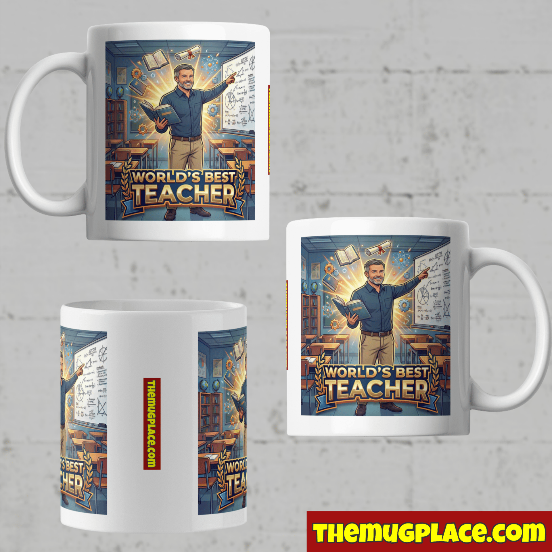 The World's Best Secondary Teacher Mug—white with cartoon teacher, ideal teacher present. themugplace.com branding.
