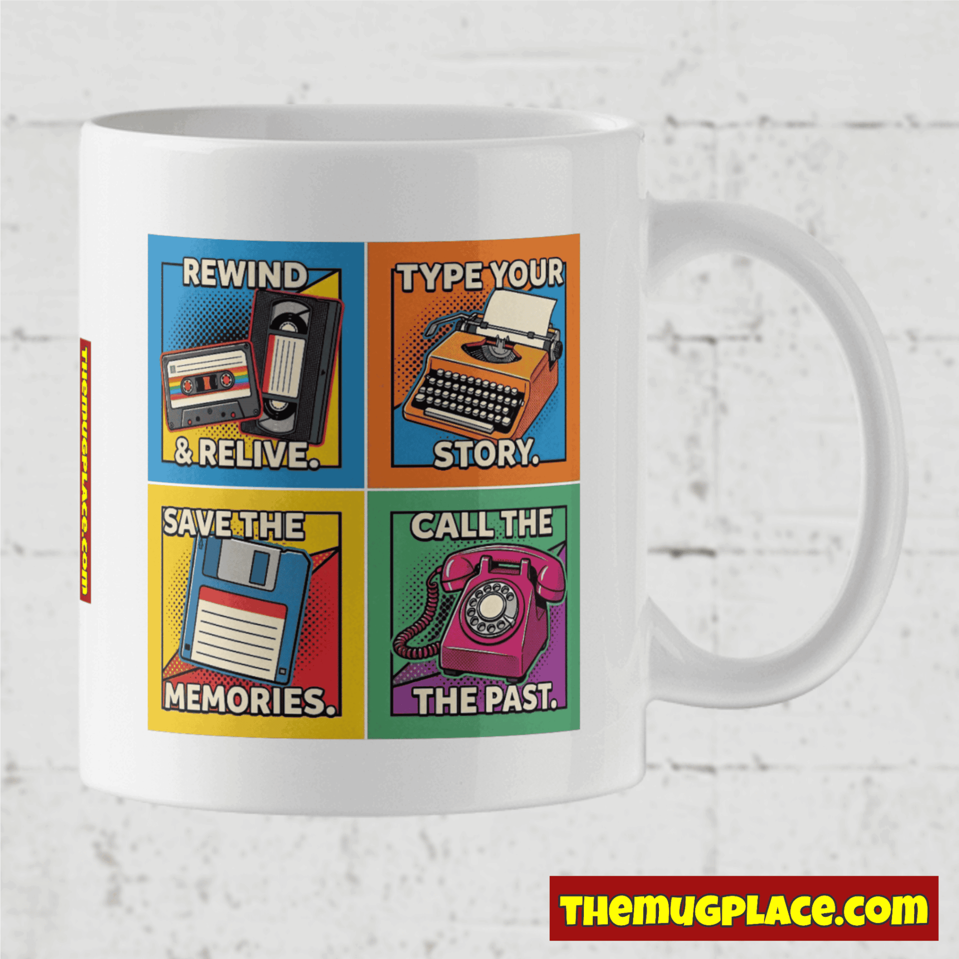 White mug with colourful, nostalgic illustrations—VHS tape, typewriter, floppy disk—template ready for your custom touch.