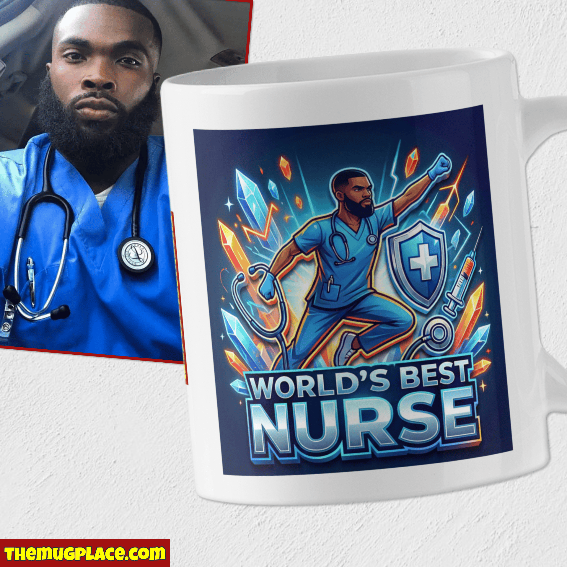 A man in blue scrubs stands by an Appreciation Mug that reads World's Best Nurse with a superhero nurse illustration.