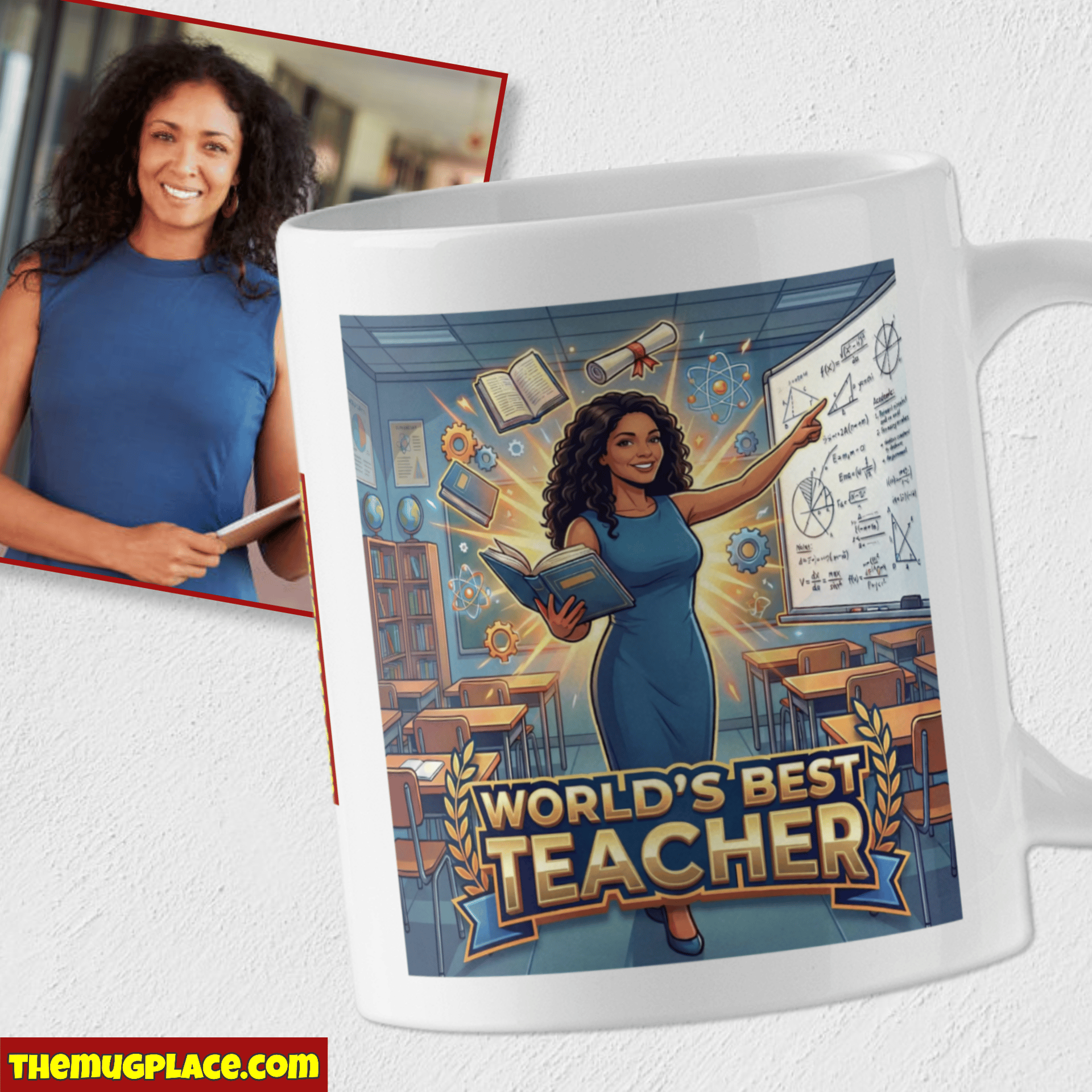 A woman in a blue dress stands by a Personalised Teacher Mug that reads World's Best Teacher—an ideal Primary Teacher Gift.