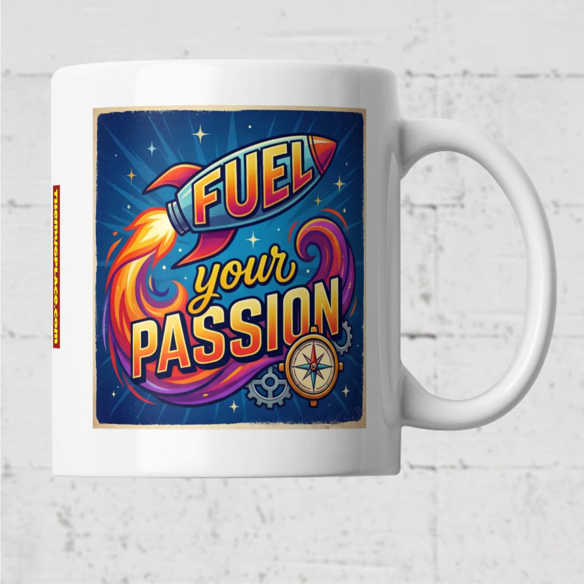 White Passion Mug with a vibrant rocket, gears, and compass—perfect for your Mug Collection. Fuel your passion every morning