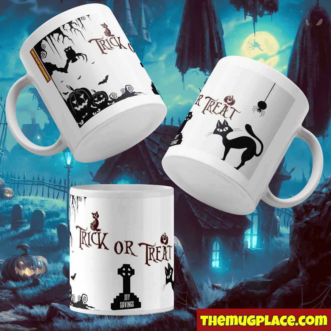 Three white Hallowe’en mugs with Trick or Treat designs—black cats, bats, and pumpkins—shown on a spooky background.