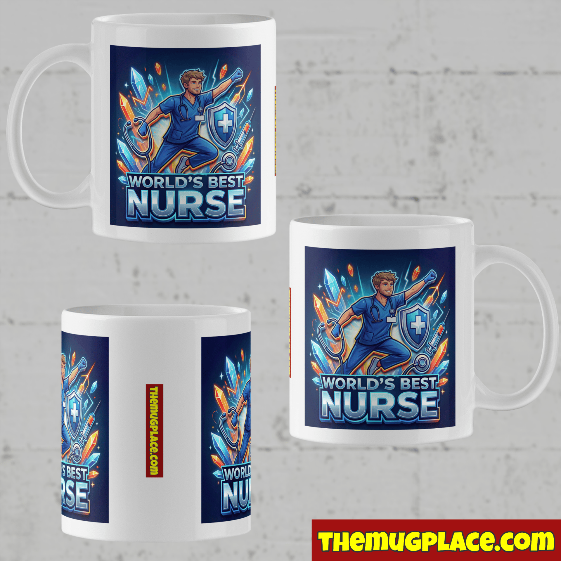 A white mug features a colourful male nurse illustration with "World's Best Nurse" text. Logo reads THEMUGPLACE.COM.