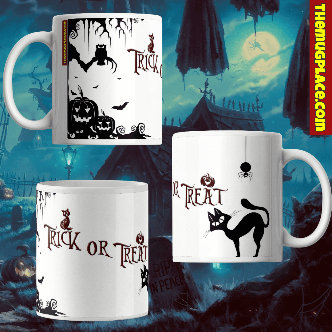 Three white Halloween mugs with black cats, pumpkins, a spider, and Trick or Treat text—perfect for spooky sips.