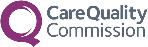 Care Quality Commission logo with a large magenta "Q" symbol to the left of the organization's name in gray text.