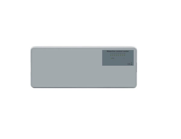 Image of a wiring centre device in gray and white with a small button.