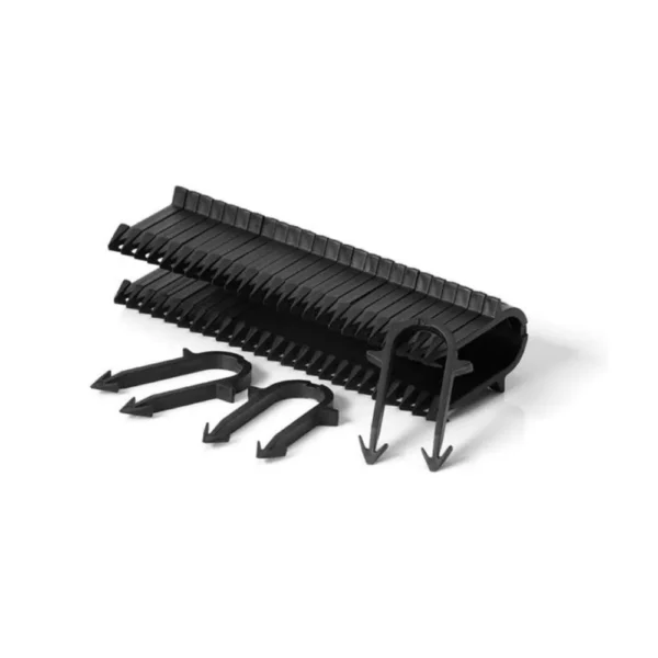 Plastic pipe clips: a set of fasteners made of plastic used to secure pipes in place