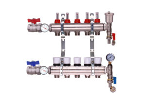 A brass manifold with air vents and ball valves