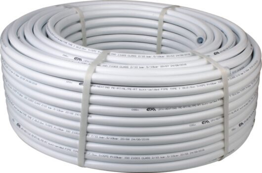 A roll of underfloor heating pipe, on a white background.