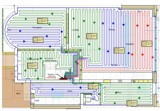 CAD design, diagram with pipe layout, different colour for each loop