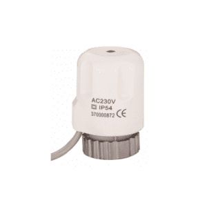 White thermostat connected to wire, 230v actuator valve for water underfloor heating manifold to control flow in each port separate