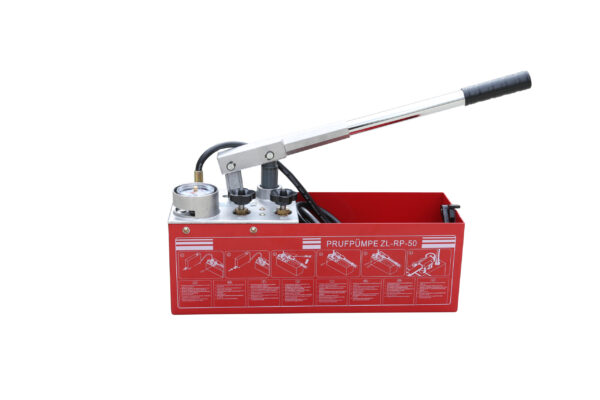 A pump designed for pressure testing, featuring a gauge and hose for accurate measurements.