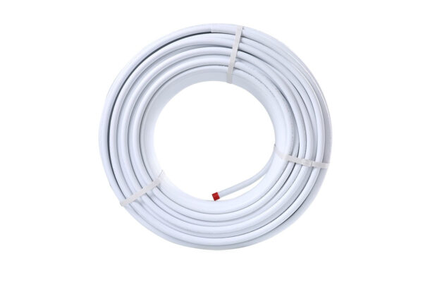 A roll of underfloor heating pipe, a white hose with a red end, on a white background.