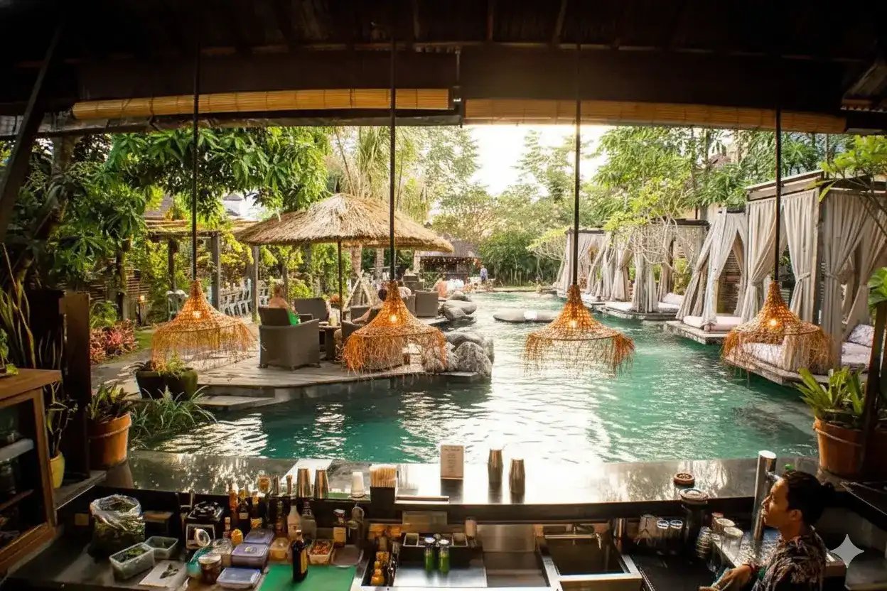 Restaurants with a View in Ubud: Best Scenic Spots 6 Folk Pool & Gardens Ubud restaurant and bar featuring tropical gardens, private cabanas, and a relaxing swimming pool in the heart of Bali.
