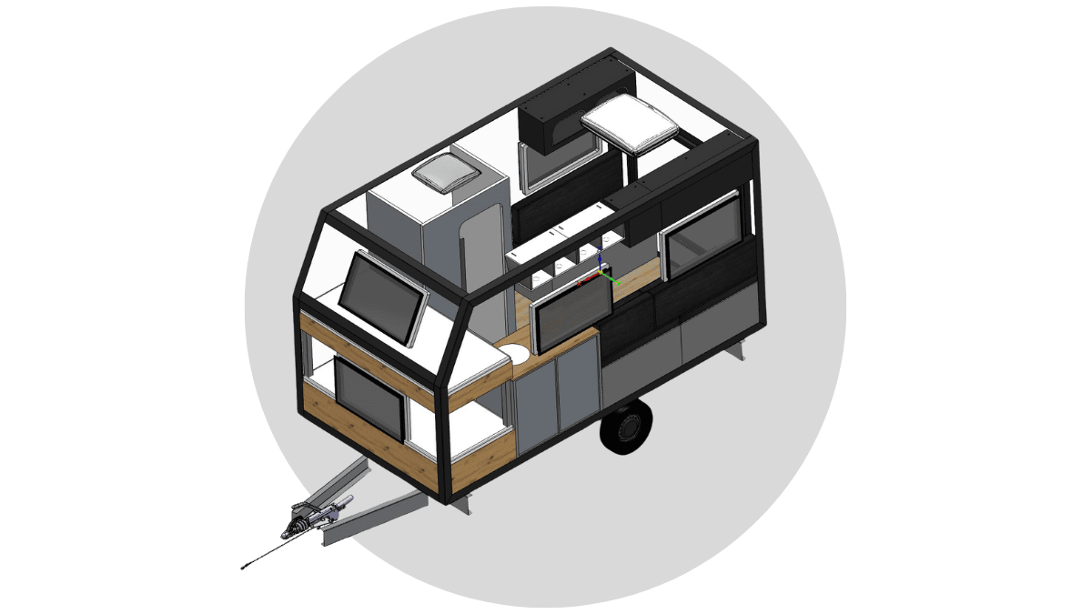 3D-Rendering eines kompakten, schwarzen und holzverkleideten Pickup-Campers mit aufklappbarem Dach. Im Inneren sind praktische Features wie Schlafplätze, Küche, Stauraum und Fenster sichtbar – alles gestaltet für Offroad-Abenteuer und individuelles Camping. Das Design wird stilvoll innerhalb eines kreisförmigen Hintergrunds präsentiert – ideal für alle, die nach einem maßgeschneiderten Offroad-Camper oder Custom-Pickup-Camper suchen. Travelboxx - Pickup Wohnkabinen