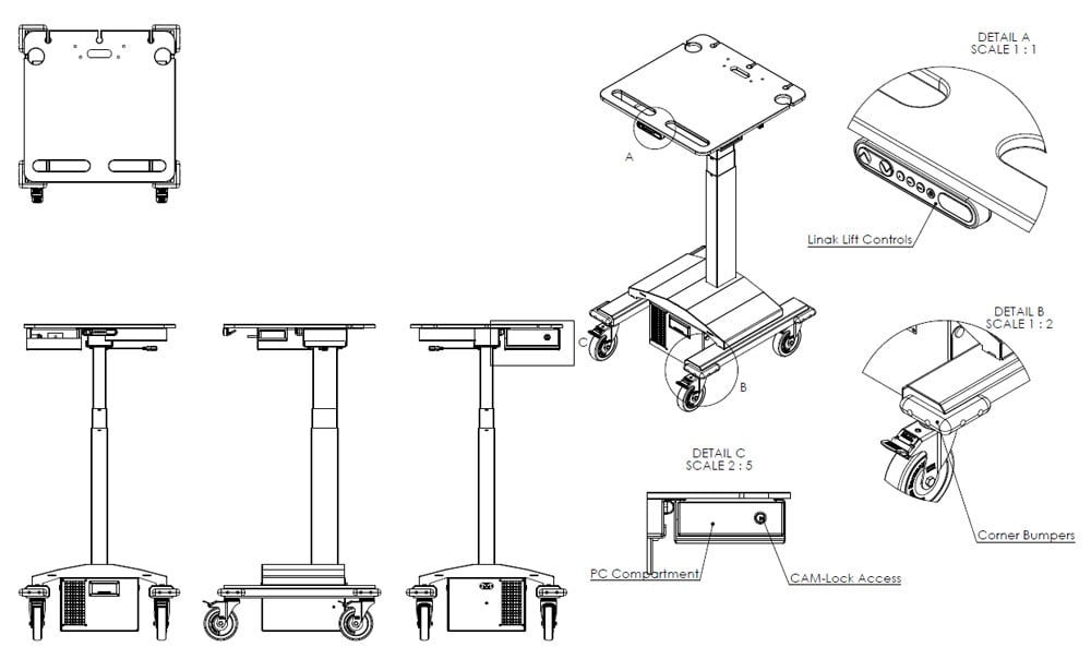 Height adjustable cart with power pack Height adjustable cart with an 8 hour capacity power pack